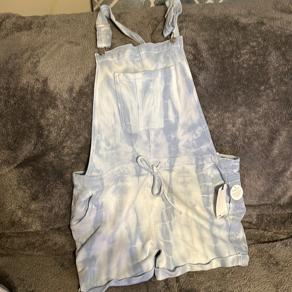 Blue tie dye short overalls